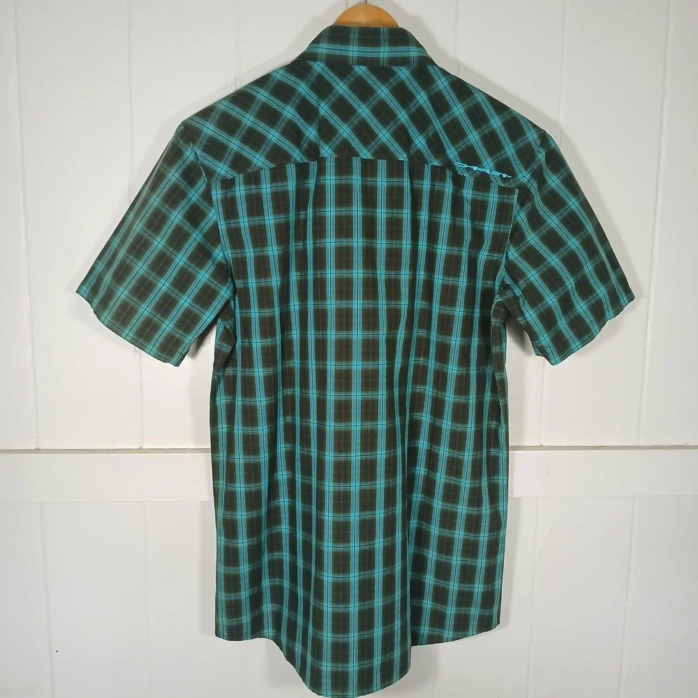 Oakley Button Up Shirt Mens Small Teal Black Plaid Regular Fit Cotton 401271SSFR